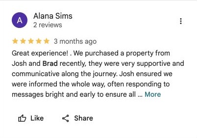 Google review screenshot from Alana Sims describing support and communication from Josh and Brad