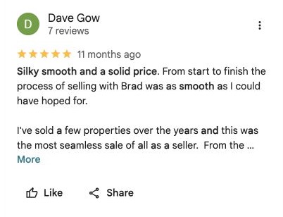 Google review screenshot from Dave Gow describing a smooth sale and solid price with Brad
