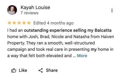 Google review screenshot from Kayah Louise describing her Balcatta sale with Josh and Brad