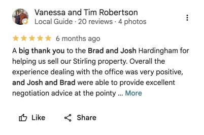 Google review screenshot from Vanessa and Tim Robertson thanking Brad and Josh for their Stirling sale